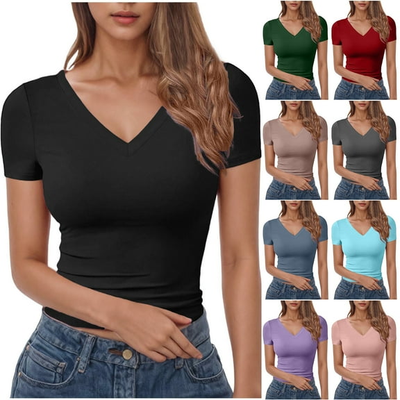 Otntypg Womens Basic V Neck Short Sleeve T Shirts Slim Fit Crop Y2k Tees Tops 2025 Summer Cute Gym Fashion Clothes Army Green M