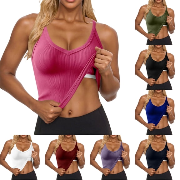 Otntypg Womens Built in Shelf Bra Racerback Tank Tops Padded Ribbed Halter Strap T Shirts Slim Fitted V Neck Athletic Workout Yoga Gym Tees Navy S