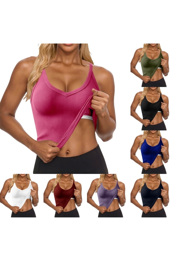 Womens Built in Shelf Bra Racerback Tank Tops Padded Ribbed Halter Strap T Shirts Slim Fitted V Neck Athletic Workout Yoga Gym Tees Purple S