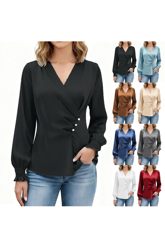 Womens Business Casual Stain Silk Blouses Dressy Work Tops Fall Fashion Puff Long Sleeve V Neck Front Button Ruched Pleated Tunic Shirts Gray S