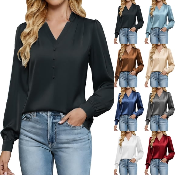 Otntypg Womens Business Casual Work Tops Elegant Dressy Puff Long Sleeve Shirts V Neck Silk Satin Blouses Cute Fall Spring Outfits Gray S