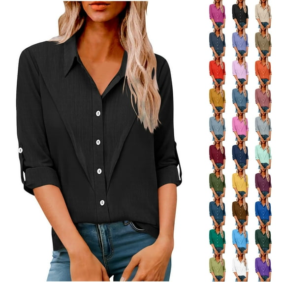 Otntypg Womens Button Down Linen Shirts Casual V Neck Rolled Up Long Sleeve Tops Elegant Dressy Blouses Business Casual Outfits Hot Pink#01 S