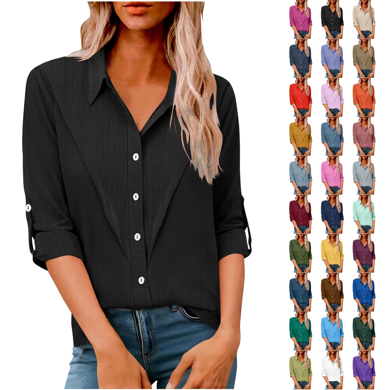 Otntypg Womens Button Down Linen Shirts Casual V Neck Rolled Up Long ...