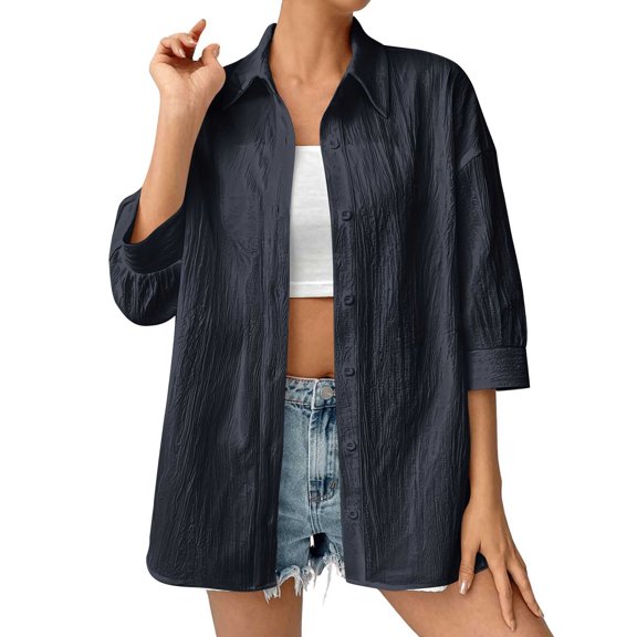 Otntypg Womens Button Down Shirts Lightweight Soft Cotton Beach Vacation Tees Shirts Fall Elegant 3/4 Length Sleeve Work Blouses Collared Tunic Tshirt Tops Dark Blue M