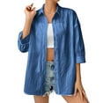 thumbnail image 1 of Otntypg Womens Button Down Shirts Lightweight Soft Cotton Beach Vacation Tees Shirts Fall Elegant 3/4 Length Sleeve Work Blouses Collared Tunic Tshirt Tops Blue XL, 1 of 10