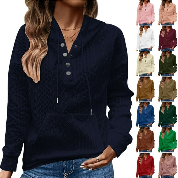 Otntypg Womens Cable Knit Hooded Sweater Tops Loose Fit Casual Fall Winter Long Sleeve Drawstring Button V Neck Solid Color Hoodie Outwear Coat with Pockets Gold L