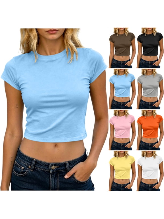 Womens Cap Short Sleeve Crop Top Trendy Summer Crew Neck Y2K Shirt Slim Fitted Casual Base Layer Soft Workout Shirt Going Out Tops