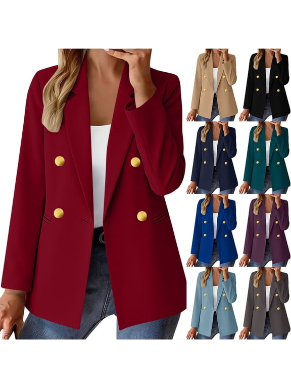 Womens Casual Blazer Jacket Gold Button Double Breasted Long Sleeve Office Suit Jackets Work Outfits Lapel Open Front Jacket Dark Gray M