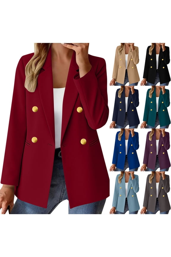 Womens Casual Blazer Jacket Gold Button Double Breasted Long Sleeve Office Suit Jackets Work Outfits Lapel Open Front Jacket Navy L