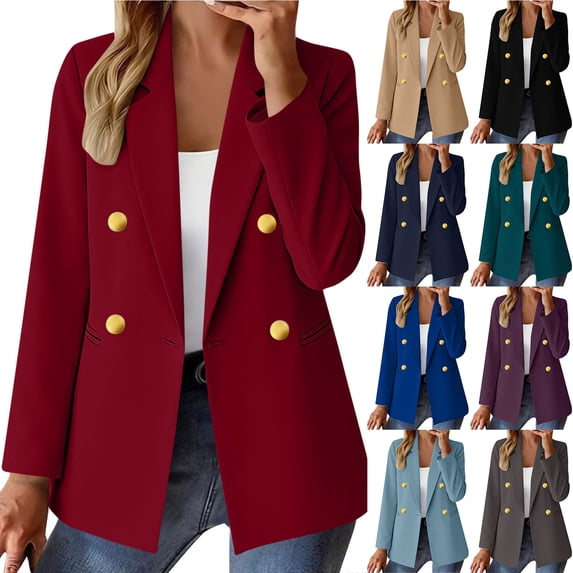 Otntypg Womens Casual Blazer Jacket Gold Button Double Breasted Long Sleeve Office Suit Jackets Work Outfits Lapel Open Front Jacket Navy M