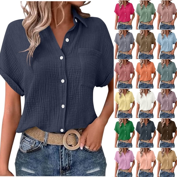 Otntypg Womens Casual Button Down Shirts Lightweight Soft Summer Short Sleeve V Neck Collared Textured T-Shirts Loose Fit Dressy Elegant Blouses with Pockets Hot Pink S