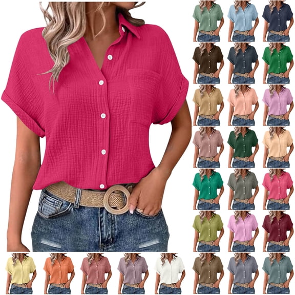 Otntypg Womens Casual Button Down Gauze Shirts Lightweight Soft Summer Short Sleeve V Neck Collared Textured T-Shirts Loose Fit Dressy Elegant Tunic Blouses with Pockets