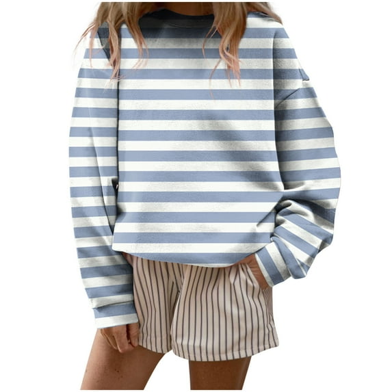 Otntypg Womens Casual Striped Sweatshirts Lightweight Fall Long Sleeve Basic Crewneck Pullover Tops Loose Basic Athletic Workout T-Shirts Light Blue XL