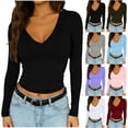 thumbnail image 1 of Otntypg Womens Casual V Neck Long Sleeve Shirts Trendy Solid Color Going Out Double Lined Crop Tops Slim Fitted Basic Workout Tee Shirt Purple L, 1 of 10
