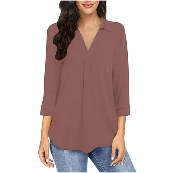 Otntypg Womens Collared Ruched V Neck 3/4 Sleeve Shirts Business Casual Tops Loose Work Blouses Trendy Solid Color Flowy Dressy Tunic Shirt Rose Gold XL