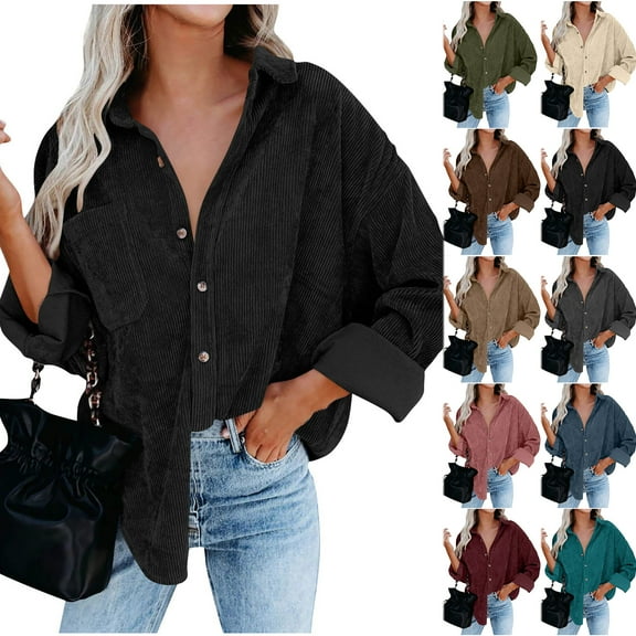 Otntypg Womens Corduroy Button Down Shirts Boyfriend Shacket Jacket Trendy Fall Spring Long Sleeve Oversized Blouses Tops with Pockets Khaki M