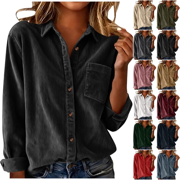 Otntypg Womens Corduroy Shirts Long Sleeve Collared Button Down Blouse Oversized Fall Spring Boyfriend Tops Loose Jackets Shackets with Pockets Dark Blue M
