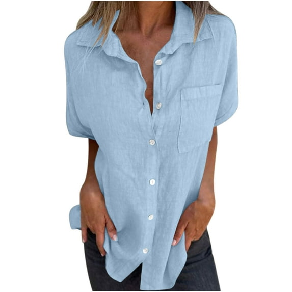 Otntypg Womens Cotton Linen Shirts Casual Summer Short Sleeve Button Down V Neck Beach Collared T-Shirts Loose Lightweight Comfy Tunic Tops with Pockets Sky Blue S