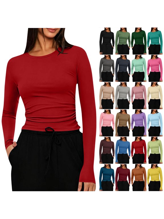 Womens Crew Neck Long Sleeve Shirts Trendy Fall Basic Slim Fit Solid Color Tunic Blouse High Stretch Relaxed Fit Layering Top Ultra Soft Going Out Y2K Tops
