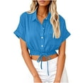 thumbnail image 1 of Otntypg Womens Cropped Button Down Linen Hawaiian Shirts Lightweight Casual Oversized Crop Tops Cute Summer Beach Drawstring Hem Roll Up Short Sleeve Collared Blouse with Pockets Sky Blue XL, 1 of 7