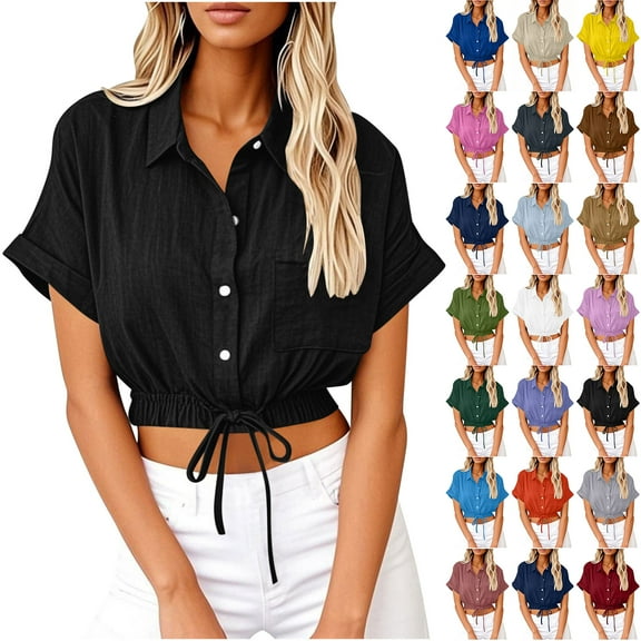 Otntypg Womens Cropped Button Down Linen Hawaiian Shirts Lightweight Casual Oversized Crop Tops Cute Summer Beach Drawstring Hem Roll Up Short Sleeve Collared Blouse with Pockets Army Green L
