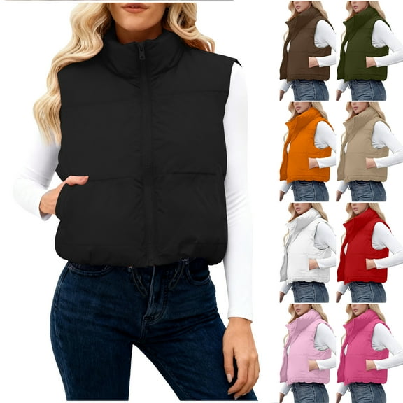 Otntypg Womens Cropped Puffer Vest Lightweight Casual Fall Winter Padded Down Stand Collar Full Zip up Sleeveless Outwear Gilet Jacket Waistcoat with Pockets Army Green L