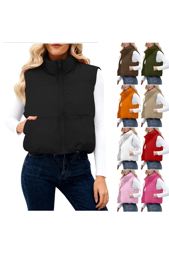Womens Cropped Puffer Vest Lightweight Casual Fall Winter Padded Down Stand Collar Full Zip up Sleeveless Outwear Gilet Jacket Waistcoat with Pockets Army Green L