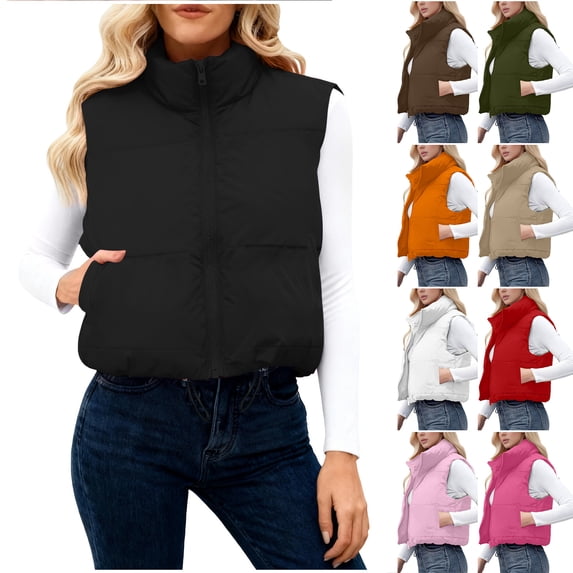 Otntypg Womens Cropped Puffer Vest Lightweight Casual Fall Winter Padded Down Stand Collar Full Zip up Sleeveless Outwear Gilet Jacket Waistcoat with Pockets Red L