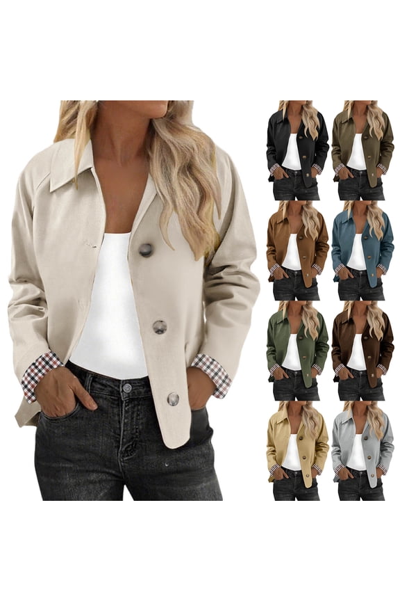 Womens Cropped Trench Coat Single Breasted Classic Lapel Collared Long Sleeve Button up Overcoat Plaid Lined Oversized Outerwear Black XL