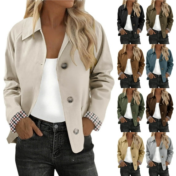 Otntypg Womens Cropped Trench Coat Single Breasted Classic Lapel Collared Long Sleeve Button up Overcoat Plaid Lined Oversized Outerwear Coffee L