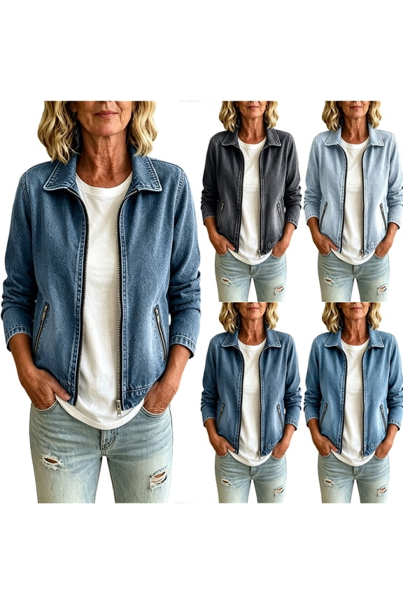 Womens Denim Cropped Jacket Full Zip Up Long Sleeve Spring Fall Casual Jean Jacket Loose Relaxed Fit Classic Short Denim Coat with Zipper Pockets