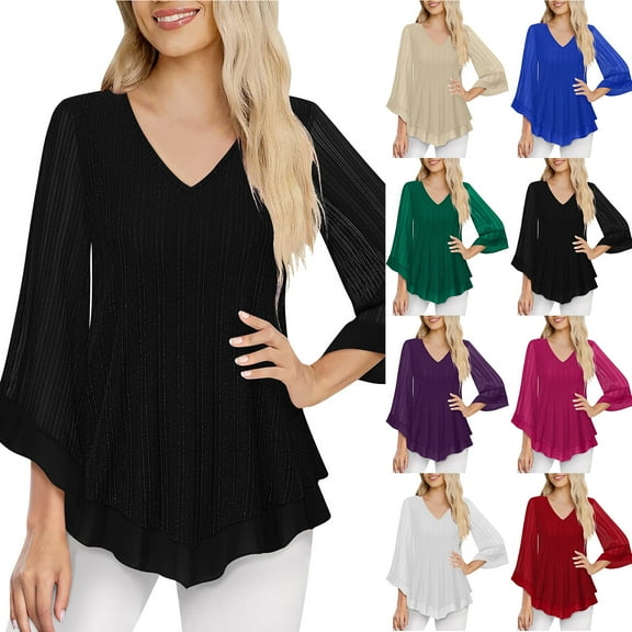 Otntypg Womens Dressy Blouse Casual V Neck Double Layers Elastic Mesh Loose Flowy Work Shirts Ruffled 3/4 Flared Sleeve Tunic Tops for Leggings Beige XXL