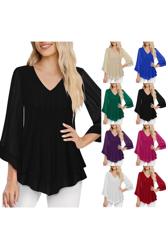 Womens Dressy Blouse Casual V Neck Double Layers Elastic Mesh Loose Flowy Work Shirts Ruffled 3/4 Flared Sleeve Tunic Tops for Leggings Red XXL