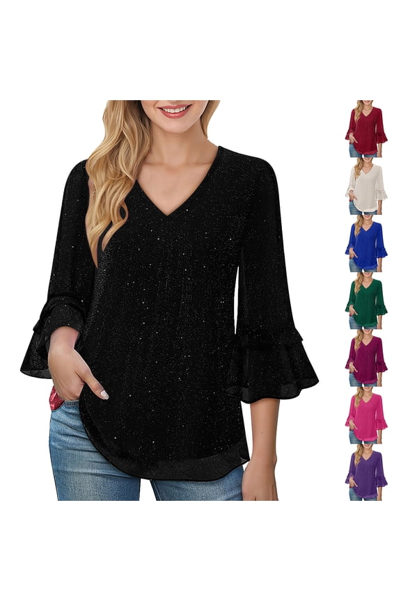 Womens Dressy Casual Tops Ruffle 3/4 Sleeve V Neck Elegant Mesh Fall Spring Tunic Blouses Fashion Work Business T-Shirts Hot Pink XXL