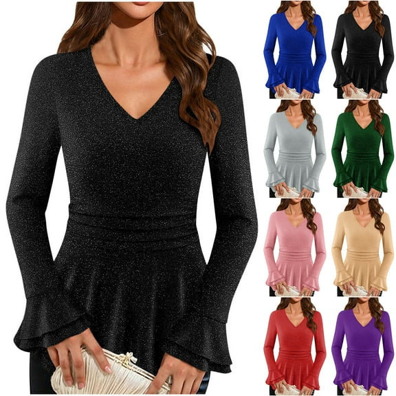 Otntypg Womens Dressy Sparkly Tops Elegant Ruffled Long Sleeve V Neck Ruched Pleated Sequin Blouse Cocktail Party Evening Flowy Tunic Shirt Red XXL