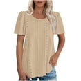 thumbnail image 1 of Otntypg Womens Eyelet T Shirts Loose Fit Scooped Neck Puff Short Sleeve Lace Crochet Hollow out Tunic Blouses Dressy Casual Summer Tops Khaki S, 1 of 7