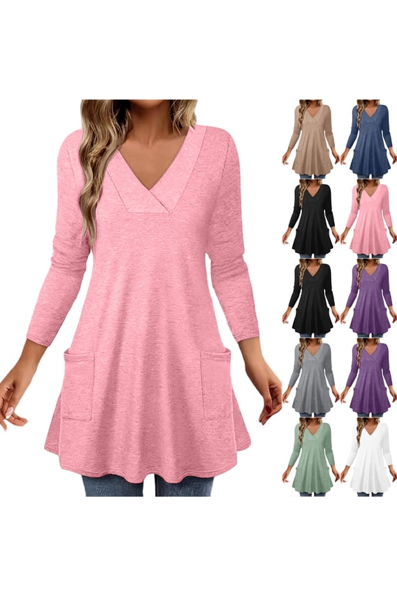 Womens Fall Long Sleeve Tunic Tops for Leggings Loose Flowy Casual Wrap Elegant V Neck Pullover Blouse Trendy Curvy Hem Work Blouses with Pockets