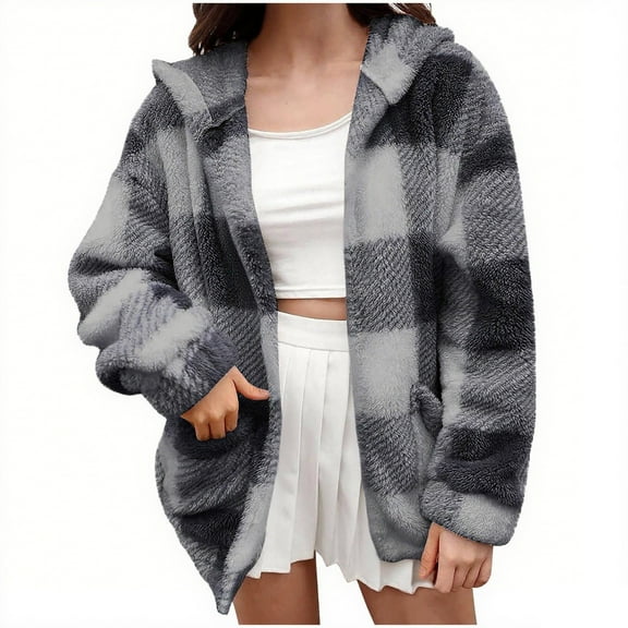 Otntypg Womens Fall Winter Fuzzy Shacket Jacket Trendy 2025 Plaid Flannel Long Sleeve Jackets Casual Oversized Hooded Cardigan Outerwear Coat with Pockets Dark Gray L