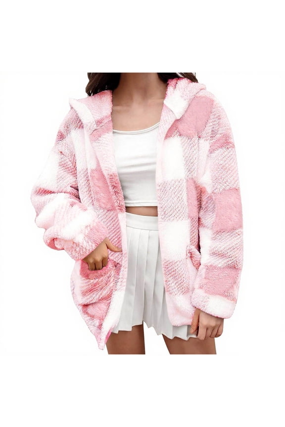 Womens Fall Winter Fuzzy Shacket Jacket Trendy 2025 Plaid Flannel Long Sleeve Jackets Casual Oversized Hooded Cardigan Outerwear Coat with Pockets Pink L