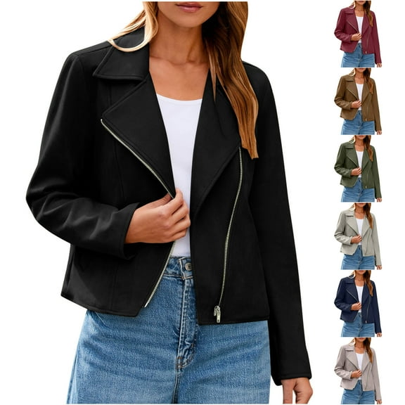 Otntypg Womens Faux Suede Jacket 2025 Fall Winter Clothes Casual Zipper Cropped Coat Bomber Biker Moto Jackets Outwear with Pockets Black S