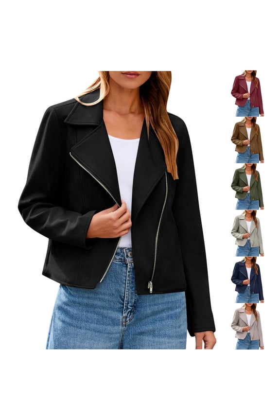 Womens Faux Suede Jacket 2025 Fall Winter Clothes Casual Zipper Cropped Coat Bomber Biker Moto Jackets Outwear with Pockets Gray M