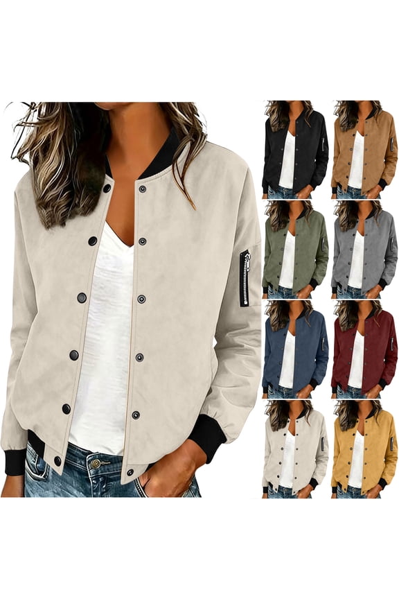 Womens Faux Suede Leather Bomber Jacket Trendy Fall Snap Button Down Long Sleeve Casual Varsity Baseball with Arm Zipper Pockets