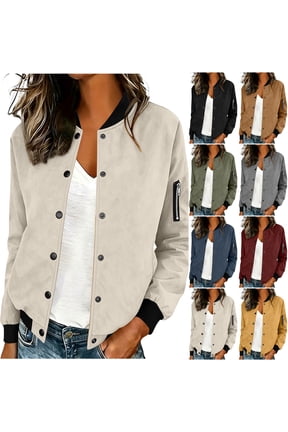 Womens Faux Suede Leather Bomber Jacket Trendy Fall Snap Button Down Long Sleeve Casual Varsity Baseball with Arm Zipper Pockets