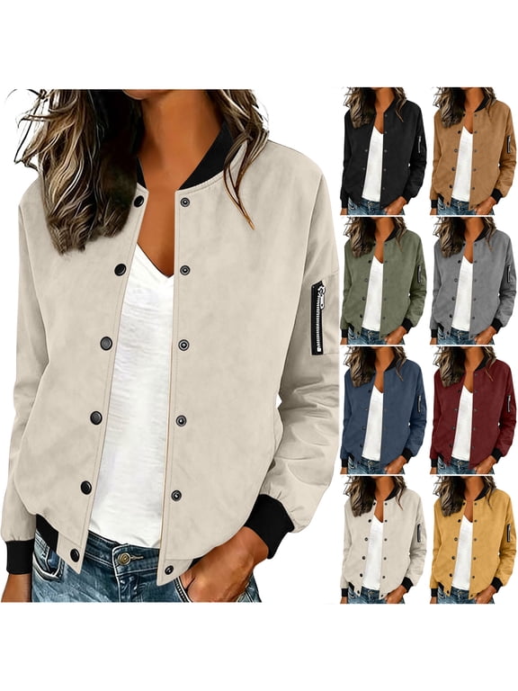Womens Faux Suede Leather Bomber Jacket Trendy Fall Snap Button Down Long Sleeve Casual Varsity Baseball with Arm Zipper Pockets