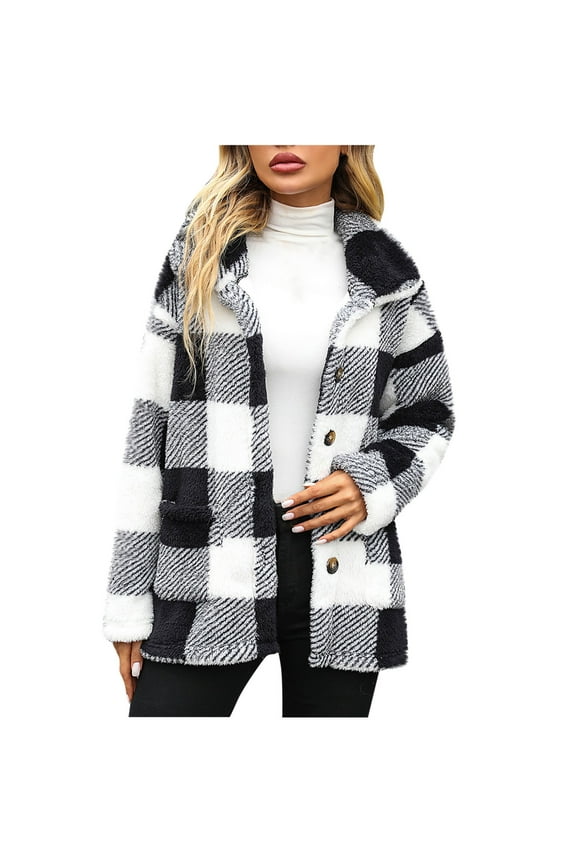 Womens Flanned Plaid Shacket Jackets Winter Plush Thick Warm Sherpa Jacket Lapel Button Down Long Sleeve Fuzzy Fleece Shirts Coat Trendy 2025 Fall Oufit Clothes Black XL