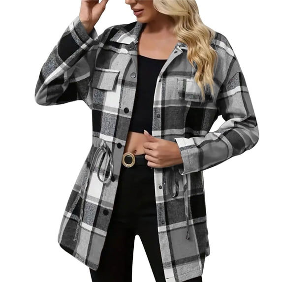 Otntypg Womens Flannel Shacket Jacket Long Plaid Shacket Casual Snap Button Down Trench Coat Drawstring Waist Long Sleeve Shirts with Pockets Gray S