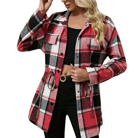 Otntypg Womens Flannel Shacket Jacket Long Plaid Shacket Casual Snap Button Down Trench Coat Drawstring Waist Long Sleeve Shirts with Pockets Red XL