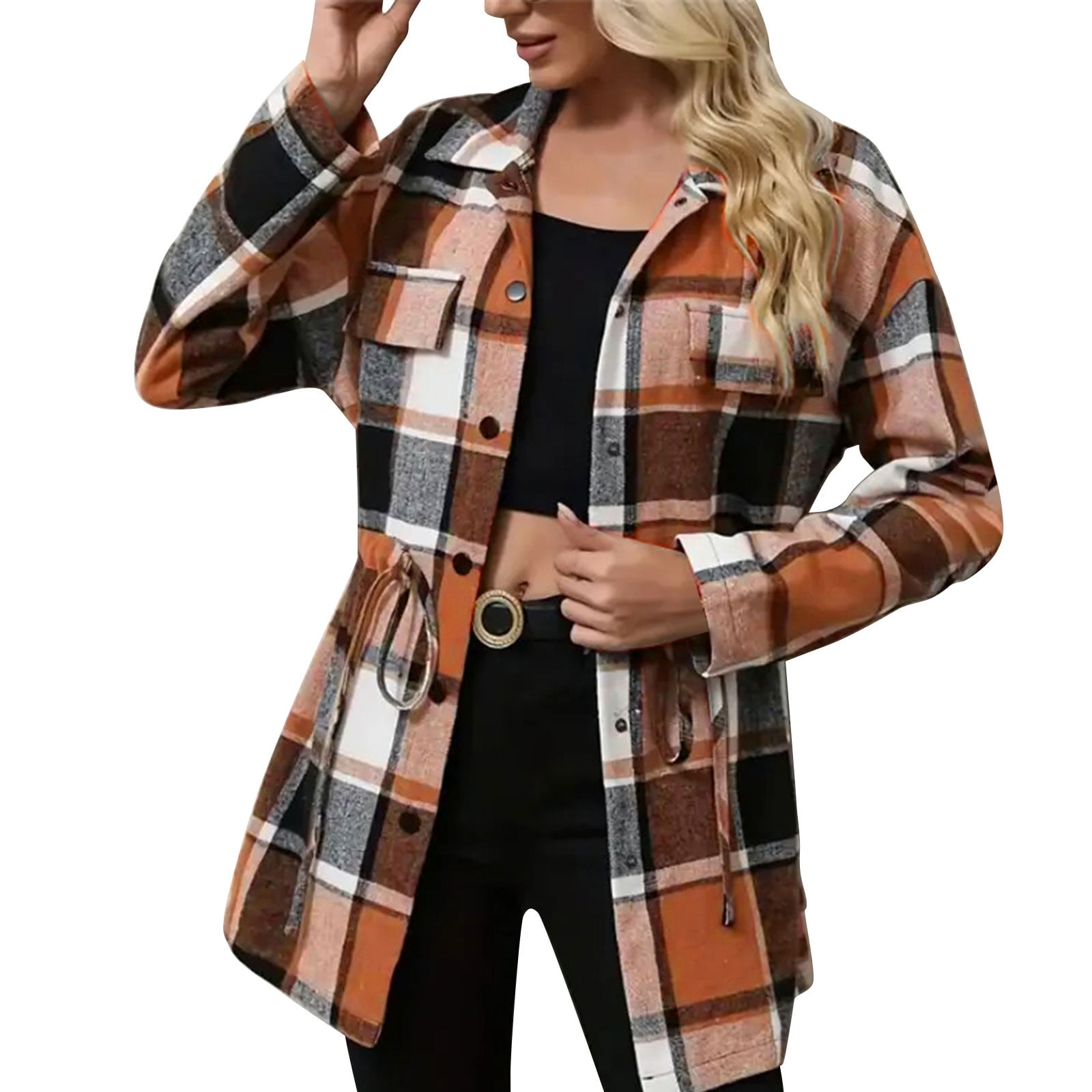 Otntypg Womens Flannel Shacket Jacket Long Plaid Shacket Casual Snap ...