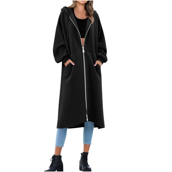 Otntypg Womens Full Zip up Long Hoodies Tops Lightweight Casual Fall Winter Long Sleeve Drawstring Hooded Outwear Jackets Loose Fit Comfy Pullover Sweatshirts with Pockets Black XXL