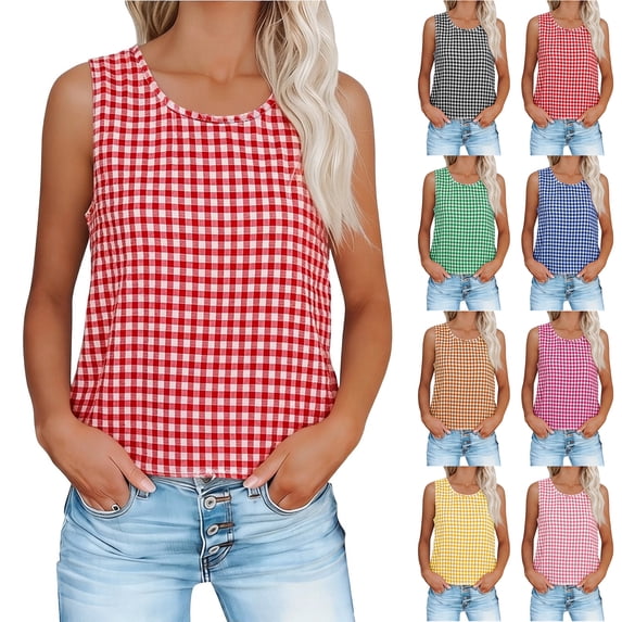 Otntypg Womens Gingham Crop Tank Tops Fashion Spring Summer Sleeveless Suspender Round Neck Plaid Vest Top Black XXL
